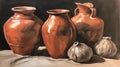 a painting of three brown vases and two garlic bulbs
