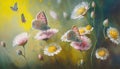 a painting of three butterflies flying over a field of daisies. generative ai