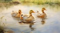 A painting of three ducks swimming in a pond