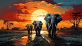 A painting of three elephants walking down a dirt road