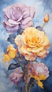 a painting of three flowers on a blue background. Watercolor Painting of a Rose color flower perfect for Wall Art. Royalty Free Stock Photo