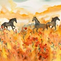 A painting of three horses running through a field of flowers. AI generative image. Royalty Free Stock Photo