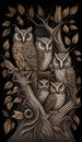 a painting of three owls sitting on top of a tree