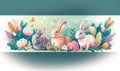 a painting of three rabbits in a field with flowers and butterflies on a green background with a butterfly flying above the two Royalty Free Stock Photo