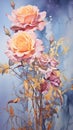 a painting of three roses on a blue background. Watercolor Painting of a Rose color flower perfect for Wall Art. Royalty Free Stock Photo