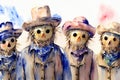 A Painting Of Three Scarecrows Wearing Hats And Scarves. Generative AI Royalty Free Stock Photo