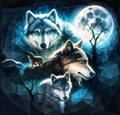 A painting of three wolves and the moon.