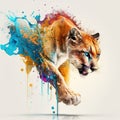 a painting of a tiger running with paint splatters on it\'s face and tail, with a white background an Royalty Free Stock Photo