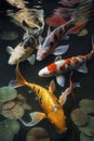 Painting to print. Hyper-realistic, koi pond, top shot
