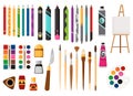 Painting tools cartoon illustration set. Drawing creative materials for workshops designs. Painter art equipments Royalty Free Stock Photo
