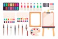 Painting tools. Cartoon paintbrush and canvas, easel and paints. Watercolor palette. Artistic vector set Royalty Free Stock Photo