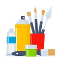 Painting tools composition. Various art supplies. Drawing creative materials illustration for workshops designs Royalty Free Stock Photo