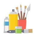 Painting tools composition. Various art supplies. Drawing creative materials illustration for workshops designs Royalty Free Stock Photo