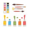 Painting tools elements cartoon colorful vector set. Art supplies paint tubes, brushes, watercolor, palette. Royalty Free Stock Photo
