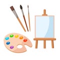 Painting tools elements cartoon colorful vector set isolated on white. Art supplies, easel with canvas, brushes,  watercolor Royalty Free Stock Photo