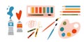 Painting tools elements vector set, cartoon style. Art supplies: paint tubes, brushes, pencil, watercolor, palette