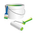 Painting tools for for interior painting works - roller, brush and bucket of paint Royalty Free Stock Photo