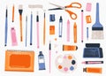 Painting tools and materials. Cartoon artist paintbrushes, pencils, tubes, palette and other painting equipment. Vector Royalty Free Stock Photo