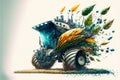 a painting of a tractor with a bunch of plants on it\'s back wheels and a bunch of leaves on the front of the front of th