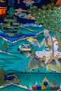 Painting of a benevolent contemplative sage and symbols of longevity, Punakha Dzong Royalty Free Stock Photo