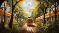 A painting of a train going through a forest. Generative AI image.