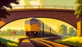 Painting of train going under bridge. Generative AI Royalty Free Stock Photo