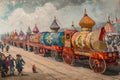 A Painting of a Train With People Gathering Around, Antique Hallow\'s carnival procession with garishly painted wagons, AI Royalty Free Stock Photo