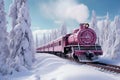 A painting of a train on a train track. The steam locomotive moves through the snowy forest in winter along the railroad tracks. Royalty Free Stock Photo