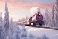 A painting of a train on a train track. The steam locomotive moves through the snowy forest in winter along the railroad tracks. Royalty Free Stock Photo