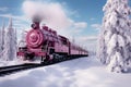 A painting of a train on a train track. The steam locomotive moves through the snowy forest in winter along the railroad tracks. Royalty Free Stock Photo