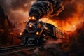 A painting of a train on a train track. The steam locomotive moves at sunset in the red rays of the sun along the railroad tracks Royalty Free Stock Photo