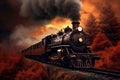 A painting of a train on a train track. The steam locomotive moves at sunset in the red rays of the sun along the railroad tracks Royalty Free Stock Photo