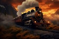 A painting of a train on a train track. The steam locomotive moves at sunset in the red rays of the sun along the railroad tracks Royalty Free Stock Photo