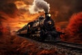 A painting of a train on a train track. The steam locomotive moves at sunset in the red rays of the sun along the railroad tracks Royalty Free Stock Photo