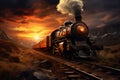 A painting of a train on a train track. The steam locomotive moves at sunset in the red rays of the sun along the railroad tracks Royalty Free Stock Photo