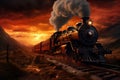 A painting of a train on a train track. The steam locomotive moves at sunset in the red rays of the sun along the railroad tracks Royalty Free Stock Photo