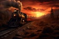 A painting of a train on a train track. The steam locomotive moves at sunset in the red rays of the sun along the railroad tracks Royalty Free Stock Photo