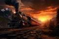 A painting of a train on a train track. The steam locomotive moves at sunset in the red rays of the sun along the railroad tracks Royalty Free Stock Photo