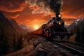 A painting of a train on a train track. The steam locomotive moves at sunset in the red rays of the sun along the railroad tracks Royalty Free Stock Photo