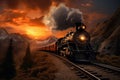 A painting of a train on a train track. The steam locomotive moves at sunset in the red rays of the sun along the railroad tracks Royalty Free Stock Photo