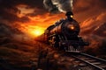 A painting of a train on a train track. The steam locomotive moves at sunset in the red rays of the sun along the railroad tracks Royalty Free Stock Photo