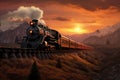 A painting of a train on a train track. The steam locomotive moves at sunset in the red rays of the sun along the railroad tracks Royalty Free Stock Photo