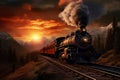 A painting of a train on a train track. The steam locomotive moves at sunset in the red rays of the sun along the railroad tracks Royalty Free Stock Photo