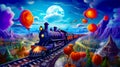 Painting of train on train track with full moon in the background. Generative AI Royalty Free Stock Photo