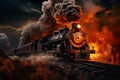 A painting of a train on a train track. The steam locomotive moves at sunset in the red rays of the sun along the railroad tracks Royalty Free Stock Photo