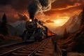 A painting of a train on a train track. The steam locomotive moves at sunset in the red rays of the sun along the railroad tracks Royalty Free Stock Photo