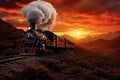 A painting of a train on a train track. The steam locomotive moves at sunset in the red rays of the sun along the railroad tracks Royalty Free Stock Photo