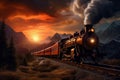 A painting of a train on a train track. The steam locomotive moves at sunset in the red rays of the sun along the railroad tracks Royalty Free Stock Photo