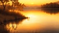 A painting of a tranquil lakeside at sunset. The painting of sunset on lake.