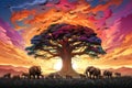 a painting of a tree with elephants in front of it